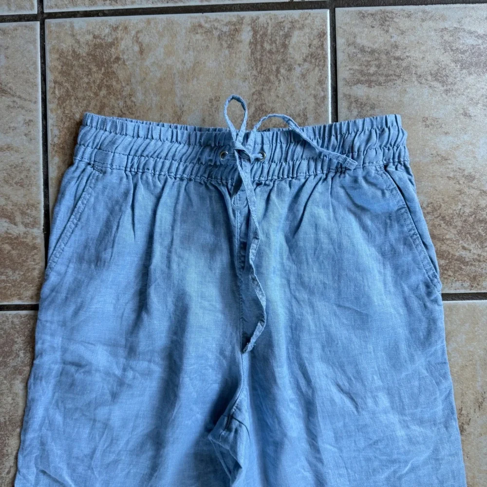 H&M 100% Linen Pants Womens XS Blue Drawstring Elastic‎ Waist Casual Lightweight